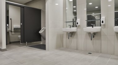 As part of the refined fit-out of the bathroom, floor, flooring, interior design, laminate flooring, lobby, real estate, tile, wood flooring, gray