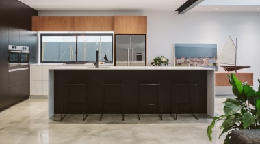 This kitchens slender Glacier White countertops underscore its furniture, interior design, kitchen, gray