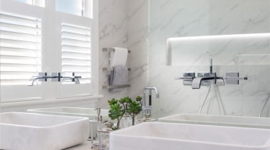 Hand-made marble vanity basins are a feature of bathroom, bathroom sink, floor, interior design, plumbing fixture, product design, property, room, sink, tap, tile, wall, white, gray