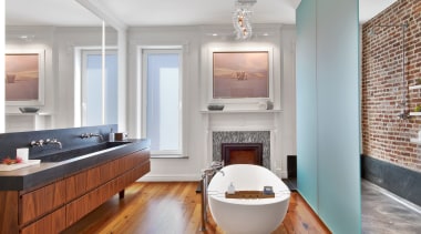 This new master bathroom in a gracious New bathroom, countertop, floor, flooring, hardwood, home, interior design, kitchen, real estate, room, sink, wood flooring, gray