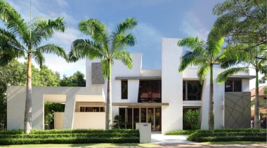 A picture of white stucco forms and dark architecture, arecales, building, condominium, elevation, estate, facade, home, house, official residence, palm tree, property, real estate, residential area, villa