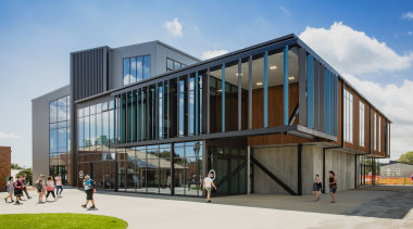 Metal, concrete panels with a rough-sawn wood pattern architecture, building, commercial building, corporate headquarters, facade, home, house, mixed use, real estate, residential area, gray, teal