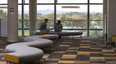 Looking east from the University of Waikatos new chair, couch, floor, flooring, furniture, house, interior design, living room, table, window, black, gray