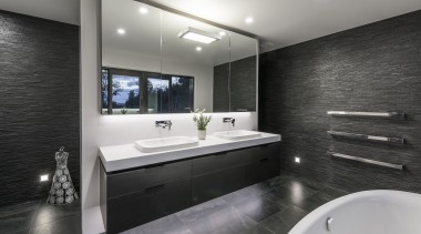 Despite the floor decoration on entry, this bathroom architecture, bathroom, interior design, room, black, gray