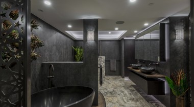 Walls were moved and immovable services concealed for architecture, ceiling, house, interior design, black, gray