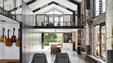 Wheres the kitchen? The cooking workspace also doubles interior design, living room, lobby, loft, white, gray