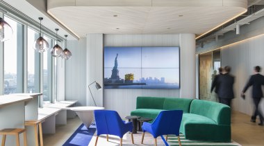 The Savills offices hub next to reception includes ceiling, furniture, interior design, table, gray