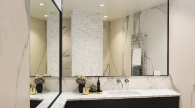 Wood-fronted drawers and a marble vanity top and architecture, bathroom, ceiling, countertop, floor, interior design, room, sink, gray