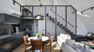 Blackened metal stairs, mesh screens and black kitchens interior design, living room, loft, gray