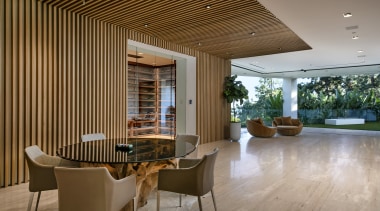 The wood slat design for the bar creates 