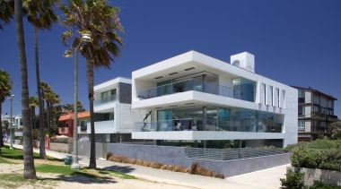 Cantilevered terraces and a matching roof reinforce the apartment, architecture, building, commercial building, corporate headquarters, estate, facade, home, house, mixed use, property, real estate, residential area, resort, villa, blue