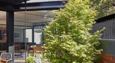 The contemporary new addition from the garden. 