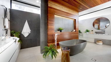 The layout of this ensuite by designer Sonja architecture, bathroom, bathtub, building, ceiling, estate, floor, flooring, furniture, home, house, interior design, loft, property, real estate, room, tile, villa, gray