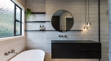 Bathroom renovation creates a contemporary feel, but keeps bathroom, countertop, floor, flooring, interior design, room, sink, wall, gray