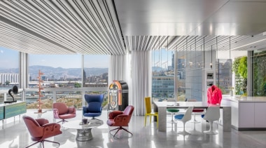 The client adores a world of colours, cultures architecture, ceiling, daylighting, house, interior design, living room, lobby, office, real estate, gray, white