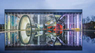 This reinvented building will become the new CBD architecture, art, building, display window, facade, glass, mural, reflection, window, blue, teal