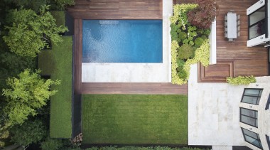 An overview of the well-connected landscaped pavilion and green