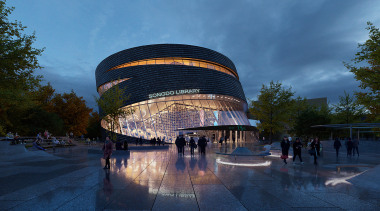 The proposed city library imagined by night. 