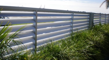 78580_louvretec-new-zealand-ltd_1556758067 - architecture | fence | grass | architecture, fence, grass, grass family, guard rail, home fencing, line, plant, sky, tree, vegetation, wall, water, white