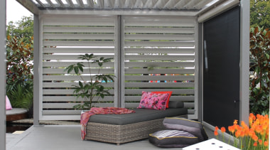 78580_louvretec-new-zealand-ltd_1557361568 - backyard | bed | building | backyard, bed, building, ceiling, couch, door, furniture, garden, home, house, interior design, patio, pergola, roof, room, shade, shed, studio couch, yard, gray