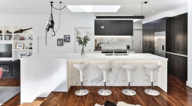 With a drinks area, including a 'leaner' to architecture, black-and-white, building, cabinetry, ceiling, countertop, design, dining room, floor, flooring, furniture, hardwood, home, house, interior design, kitchen, laminate flooring, living room, material property, product, property, real estate, room, table, wall, white, wood flooring, white