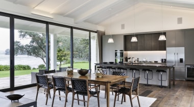 The owners of this architecturally designed house wanted dining room, house, interior design, real estate, table, gray