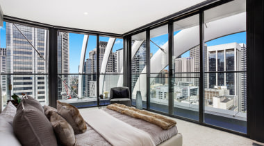 The level 28 penthouse takes in stunning views apartment, architecture, bed, bed frame, bedroom, building, ceiling, condominium, design, door, furniture, home, house, interior design, living room, penthouse apartment, property, real estate, room, suite, window, white, gray