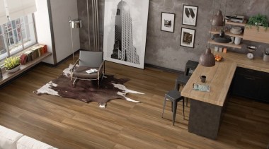 The Atelier range of glazed porcelain tiles emulates floor, flooring, furniture, hardwood, interior design, laminate flooring, living room, table, wood, wood flooring, brown