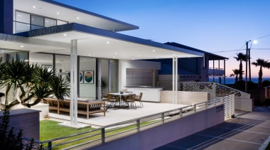 The living area opens through large glass sliding apartment, architecture, building, design, estate, facade, home, house, interior design, property, real estate, residential area, roof, shade, sky, villa, gray