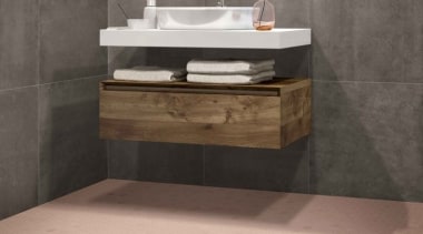 Beton Still Rosy Blush Hex Mosaic - Beton bathroom, bathroom accessory, bathroom cabinet, bathroom sink, ceramic, drawer, floor, flooring, plumbing fixture, sink, tap, tile, wall, gray, orange