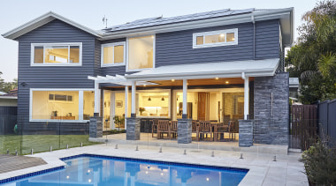 The new home's kitchen, dining and living spaces 