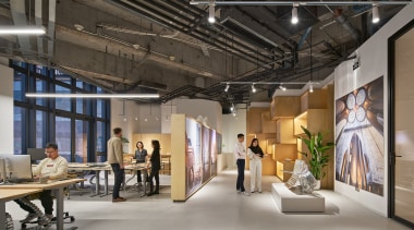 The studio offers a variety of work/collaboration spaces, 