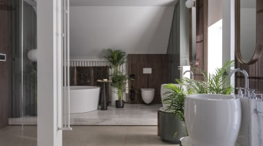 Shower, bathing area, toilet, vanities, basins and taps architecture, bathroom, building, ceiling, floor, flooring, flowerpot, house, houseplant, interior design, lobby, property, real estate, room, tile, gray