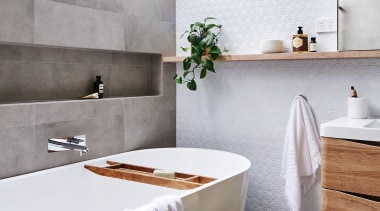 Deborah Schmideg Interior Design – Highly Commended – bathroom, ceramic, countertop, floor, home, interior design, room, sink, tap, tile, white, gray