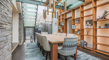 The dining hall has a feature stone wall 
