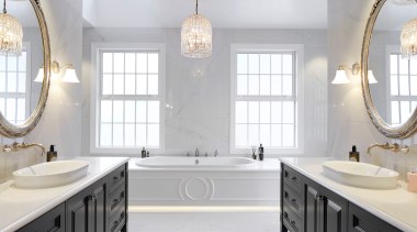 ​​​​​​​For the main ensuite in this new home, architecture, bathroom, bathroom accessory, bathroom cabinet, cabinetry, floor, flooring, marble, , plumbing fixture, tap, tile, gray, white, vanity, ingrid geldof design