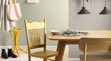 Photo by Melanie Jenkins, styling by Gem Adams chair, coffee table, dining room, furniture, home, interior design, lamp, light fixture, lighting accessory, room, table, wall, gray