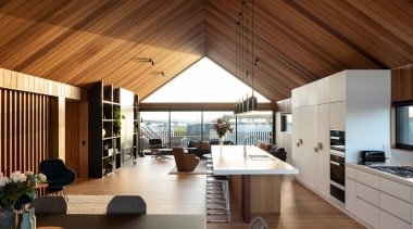 The soaring timber ceiling made possible by the 