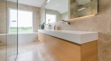 Highly Commended – Emma Morris Eterno Design - architecture, bathroom, countertop, floor, flooring, home, interior design, real estate, room, sink, tile, gray