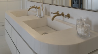 Wall panels conceal storage for a seamless look. 