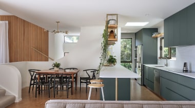 The kitchen as seen from the living area. 