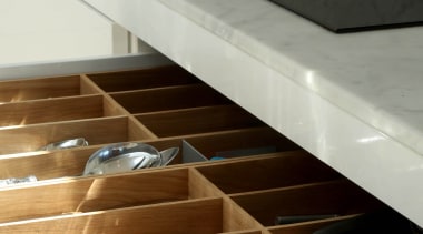 In a house with plenty of timber finishes architecture, ceiling, drawer, furniture, interior design, kitchen, room, shelf, gray