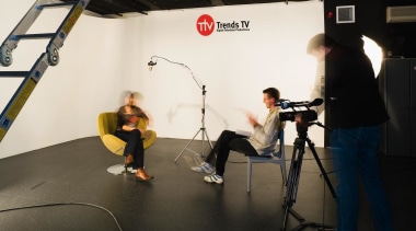 Above right The Trends TV studio is custom technology, black, white