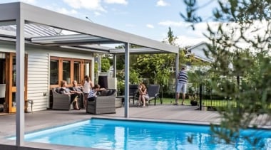 Concertina Retractable Louvres - backyard | home | backyard, home, house, leisure, outdoor structure, property, real estate, swimming pool, window, white