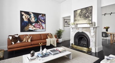Fireplace in renovated terrace home by architects McMahon furniture, hearth, home, interior design, living room, room, table, white