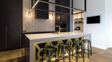 The owners' overall brief for their new home architecture, bar stool, building, cabinetry, ceiling, countertop, design, dining room, floor, flooring, furniture, hardwood, home, house, interior design, kitchen, lighting, loft, material property, property, room, stool, table, black