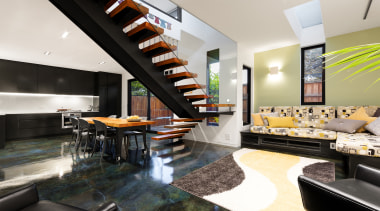 Acid etched concrete, filigree steel screens, an inside/outside architecture, interior design, living room, real estate, white, black