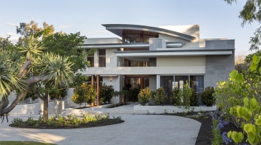 A contemporary facade reveals glimpses through to the architecture, building, estate, facade, home, house, interior design, mansion, official residence, property, real estate, residential area, roof, tree, villa, white, gray