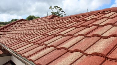 Metrotile Roof 1 - brick | daylighting | brick, daylighting, facade, outdoor structure, roof, sky, wood, red, orange