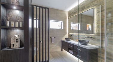 To achieve this bathroom, walls and timber ceilings 